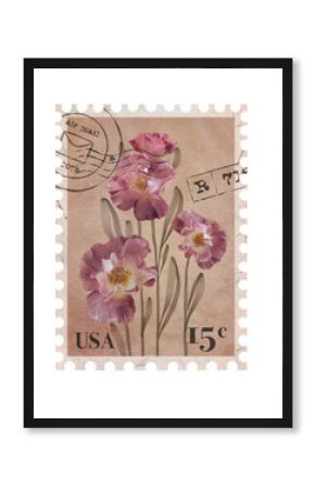Floral vintage Postage Stamp. Retro Printable post stamp with flowers of Roses. Aesthetic cutout Scrapbooking elements for wedding invitations, notebooks, journals, greeting cards, wrapping paper