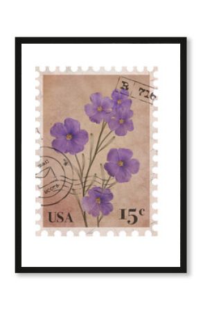 Floral vintage Postage Stamp. Retro Printable post stamp with flowers. Aesthetic cutout Scrapbooking elements for wedding invitations, notebooks, journals, greeting cards, wrapping paper