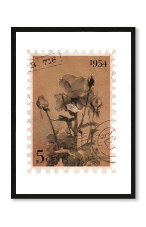 Floral vintage Postage Stamp. Retro Printable post stamp with flowers of Roses. Aesthetic cutout Scrapbooking elements for wedding invitations, notebooks, journals, greeting cards, wrapping paper