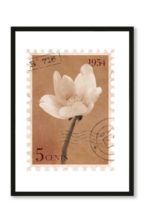 Floral vintage Postage Stamp. Retro Printable post stamp with flowers. Aesthetic cutout Scrapbooking elements for wedding invitations, notebooks, journals, greeting cards, wrapping paper