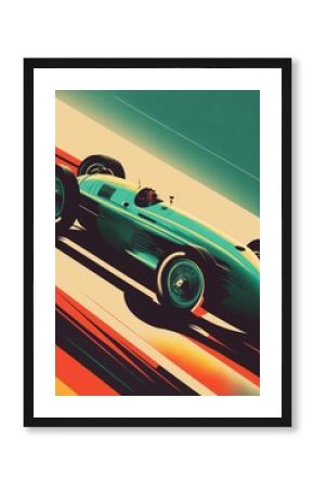 A conceptual poster capturing the essence of historic Grand Prix vintage car racing, a nostalgic theme. Copy space for text. AI generative digital design. 