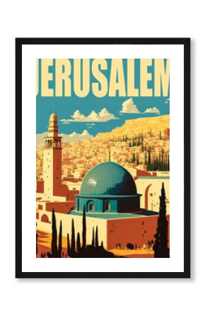 1960s vintage poster of Jerusalem featuring iconic landmarks like the Western Wall and Dome of the Rock. Bright blue sky, muted colors, simple and spiritual flat design. Generative AI