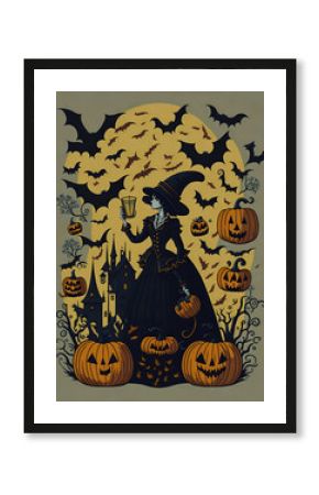 Halloween poster with vintage illustration of a witch, pumpkin and bat, generative ai