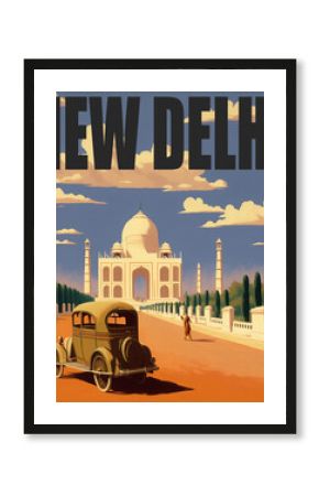 1930 poster of New Delhi with India Gate and Rashtrapati Bhavan in the background. Blue sky with some clouds and muted colors in the design. Generative AI