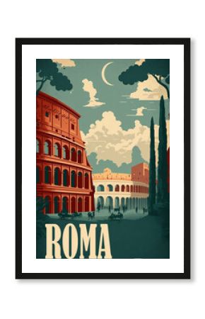 An vintage 1950s Rome poster featuring the Colosseum and Pantheon in the background. Grey cloudy sky with vivid colors and flat design. Generative AI