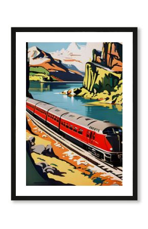 vintage art deco style 1950s railway travel poster with a diesel locomotive train running though a river landscape