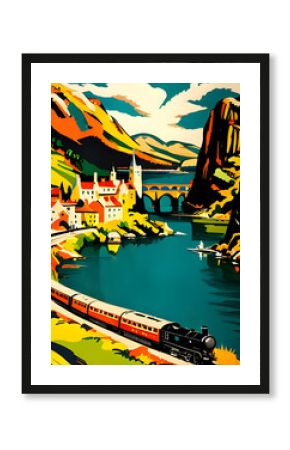 vintage art deco style 1930s railway travel poster with a steam train running though a coastal landscape