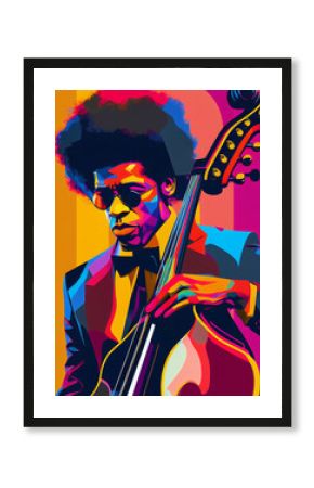 Afro-American male double bass musician playing music in an abstract vintage distressed style painting for a poster or flyer, computer Generative AI stock illustration image