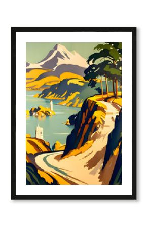 vintage art deco style 1930s railway travel poster with a road running though a coastal mountain landscape