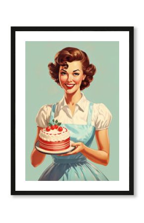 1950s vintage style illustration of cheerful housewife holding delicious birthday cake. 