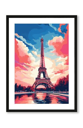 Duotone basic pop art vintage style travel poster of the Eiffel Tower in Pais, France.