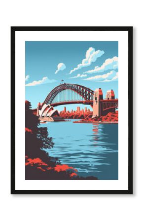 Duotone basic pop art vintage style travel poster of the Sydney Opera House and Harbour Bridge with a city highrise background in Australia.