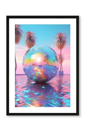 Disco ball with palm trees on the beach in the background. Retro futuristic or vaporwave poster for beach music party. The concept of travel and entertainment.