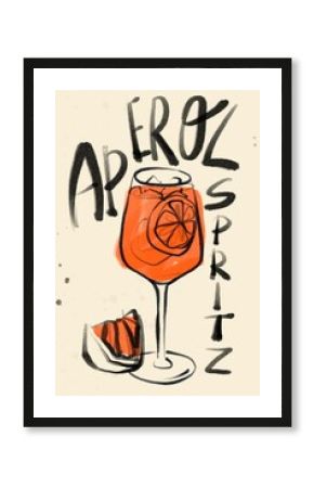 Classic Aperol Spritz cocktail in glass with slice of orange. Summer Italian aperitif. Alcoholic beverage. Retro, vintage style. Hand drawn illustration. Poster, print, banner, design template