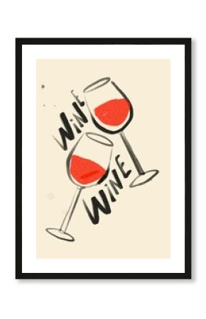 Two Glasses with red wine. Hand drawn illustration. Retro, vintage minimal style. Poster, print, home decoration, menu cover for wine bar, invitation, design template. Wine tasting, party concept
