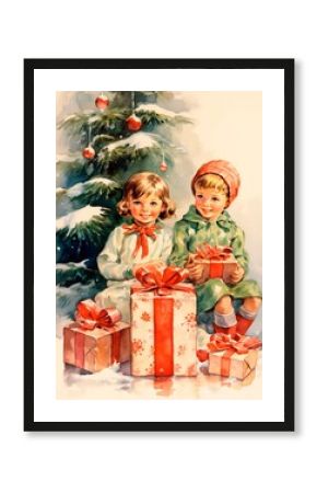 Watercolor Christmas card with a retro theme