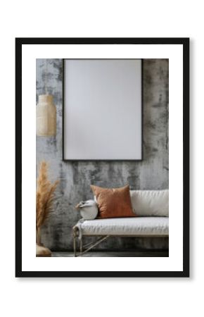 Blank picture frame and poster mockup on concrete wall in bohemian room interior, aesthetic style