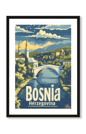 bosnia herzegovina vintage travel poster, graphic style, with banner text "Bosnia Herzegovina"