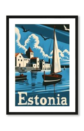 estonia vintage travel poster, graphic style, with banner text "Estonia"