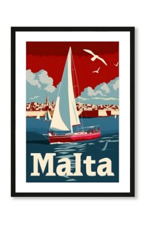 malta vintage travel poster, graphic style, with banner text "Malta"