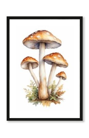 watercolor drawing of fly agaric mushrooms with grass isolated on white background
