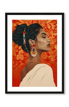 Young hindu woman with kundan jewelry. Beautiful indian or muslim girl, bride on her wedding day. Modern fashion concept. Bollywood dancer. Illustration for interior poster, banner, card, design 