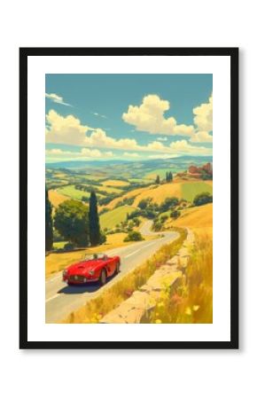 A vintage poster style illustration of an old red sports car driving down the winding country road in Tuscany, Italy. The landscape shows rolling hills 