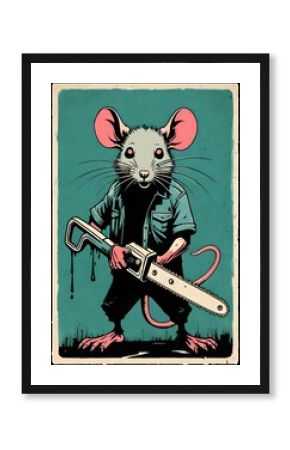a   cartoon vintage gig poster featuring a rat holding a chainsaw 