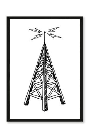 Old vintage radio tower broadcast transmitter sketch engraving PNG illustration. Scratch board style imitation. Black and white hand drawn image.