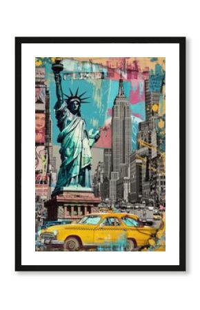 Pop art collage of iconic New York City landmarks: the Statue of Liberty, Empire State Building, yellow taxi