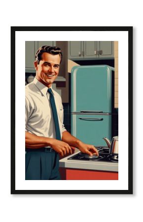 A vintage style poster. Confident businessman promoting Home appliance and kitchen equipment. Retro advertising and business concepts.