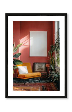 Mockup design for poster on living room. Interior style bright colors. Blank poster over the sofa