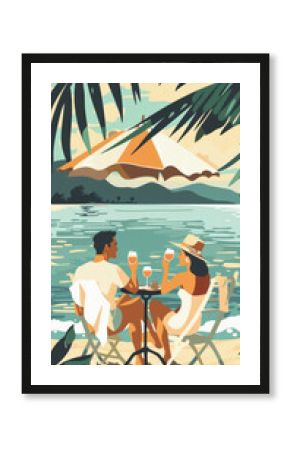 A couple sits at a small table on a beach, enjoying drinks under a palm tree and an umbrella