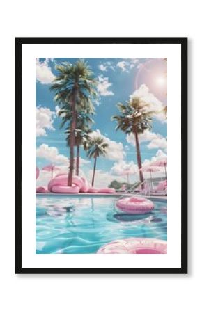 A Colorful Flamingo And Palm Trees At Sunset