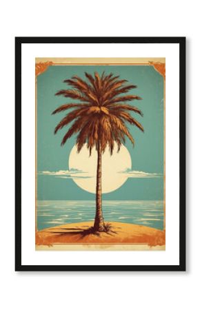 vintage palm tree poster  in a tropical island near a beach ocean while there is sunshine