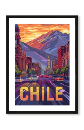 Chile retro travel poster illustration. Chilean architecture
