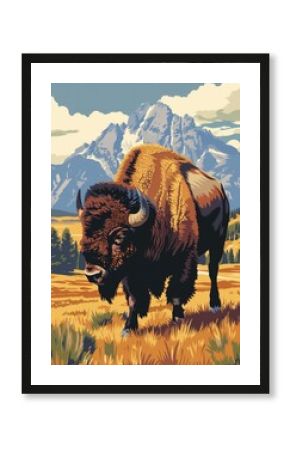 Bison Art. WPA poster of Buffalo in Yellowstone National Park Prairie
