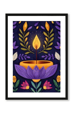 A vintage poster illustration depicting the colorful celebration of Diwali with shimmering purple and gold hues showcasing a radiant diya and intricate henna patterns 