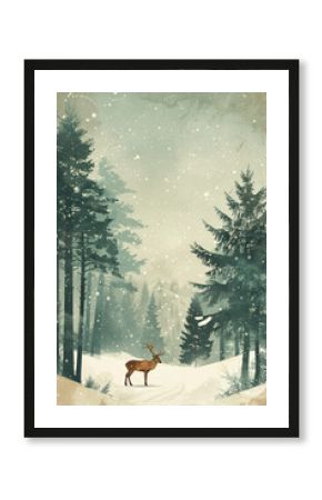 Reindeer standing in snowy landscape with pine trees. Watercolor artwork with soft background. Holiday greeting card concept for print and poster