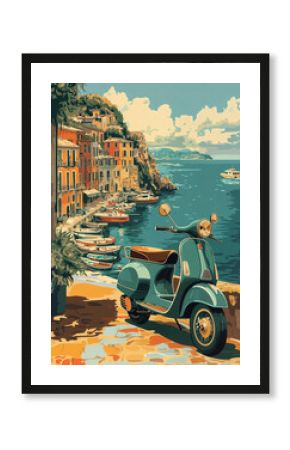 A vintage illustration of a coastal Italian town with a parked scooter in the foreground.