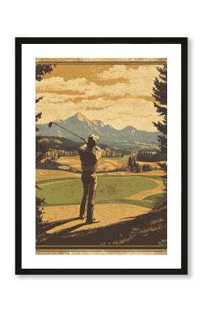 Golf Poster: Vintage Golf Poster with Retro Illustration of Golfer on Classic Course Landscape, Golf Ball 