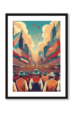 Retro Labor Day Parade - A poster depicting a vintage Labor Day parade with classic floats. Graphic art illustration flyer