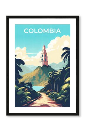 Colombia vintage travel poster. Vacation in this beautiful country with its jungle
