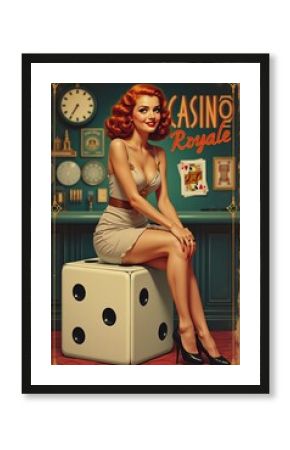 1940s-inspired poster of a pin-up casino girl on dice