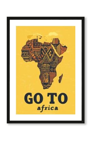 Vintage-style poster promoting travel to Africa with colorful tribal pattern map
