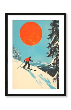 A vintage postcard shows a man skiing down snowy mountains. His classic outfit contrasts with the pristine white snow and rugged, majestic mountain backdrop