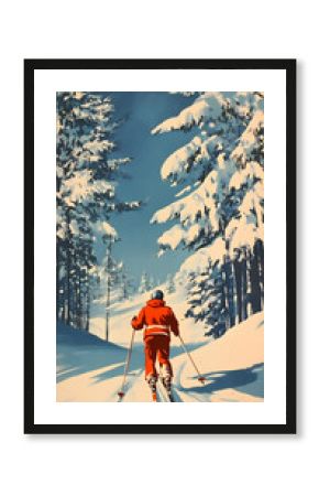 A vintage postcard shows a man skiing down snowy mountains. His classic outfit contrasts with the pristine white snow and rugged, majestic mountain backdrop