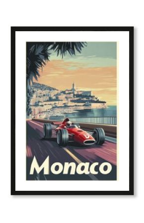 A vintage travel poster highlights Monacos racing culture, featuring a classic car speeding along the coastline with luxurious architecture and scenic landscapes in the background.