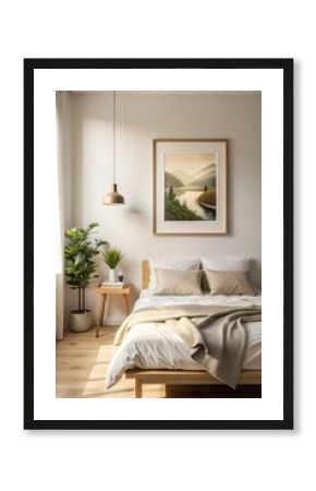 Double bedroom with king size bed, side tables and wooden headboard and white cotton curtains in vacation rental apartment