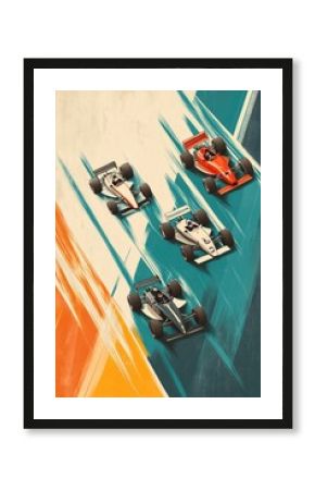 Retro Minimalist Poster of Four Formula One Cars Racing on Bold Colorful Tracks, Dynamic Motorsport Art